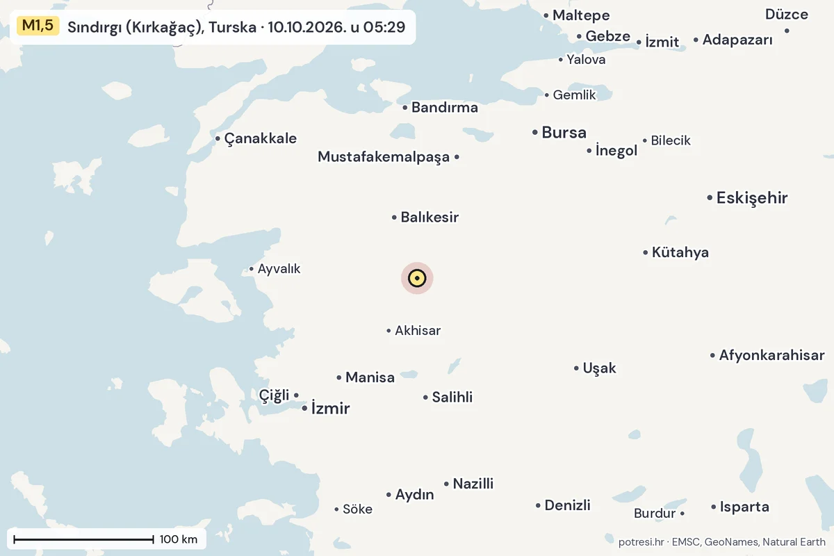 Karta: šire područje, 600 km, potres M1,5, Sındırgı (Kırkağaç), Turska, 10.10.2026.