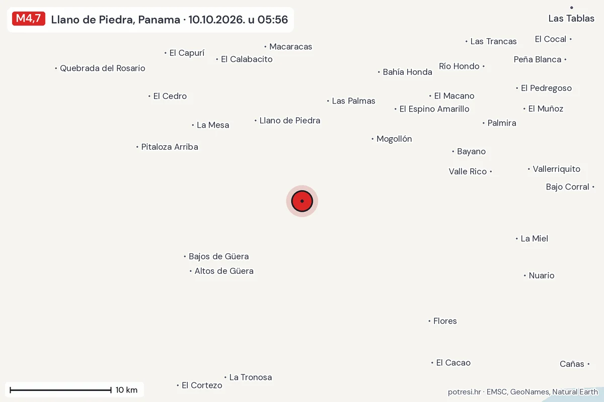 Karta: okolica epicentra, 60 km, potres M4,7, Llano de Piedra, Panama, 10.10.2026.