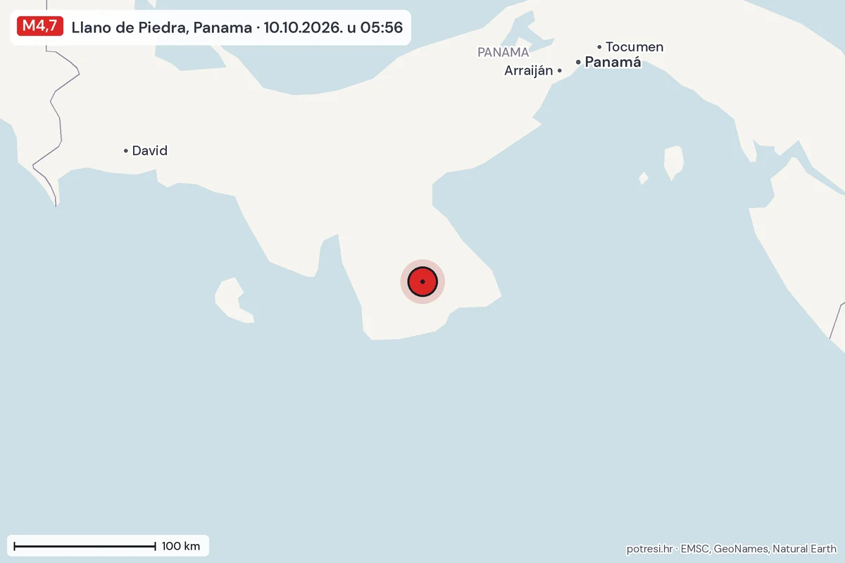 Karta: šire područje, 600 km, potres M4,7, Llano de Piedra, Panama, 10.10.2026.