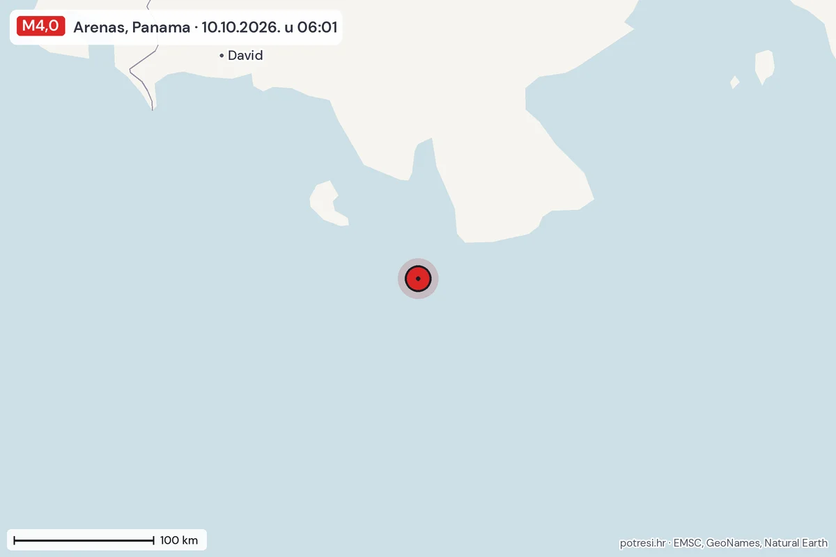 Karta: šire područje, 600 km, potres M4,0, Arenas, Panama, 10.10.2026.