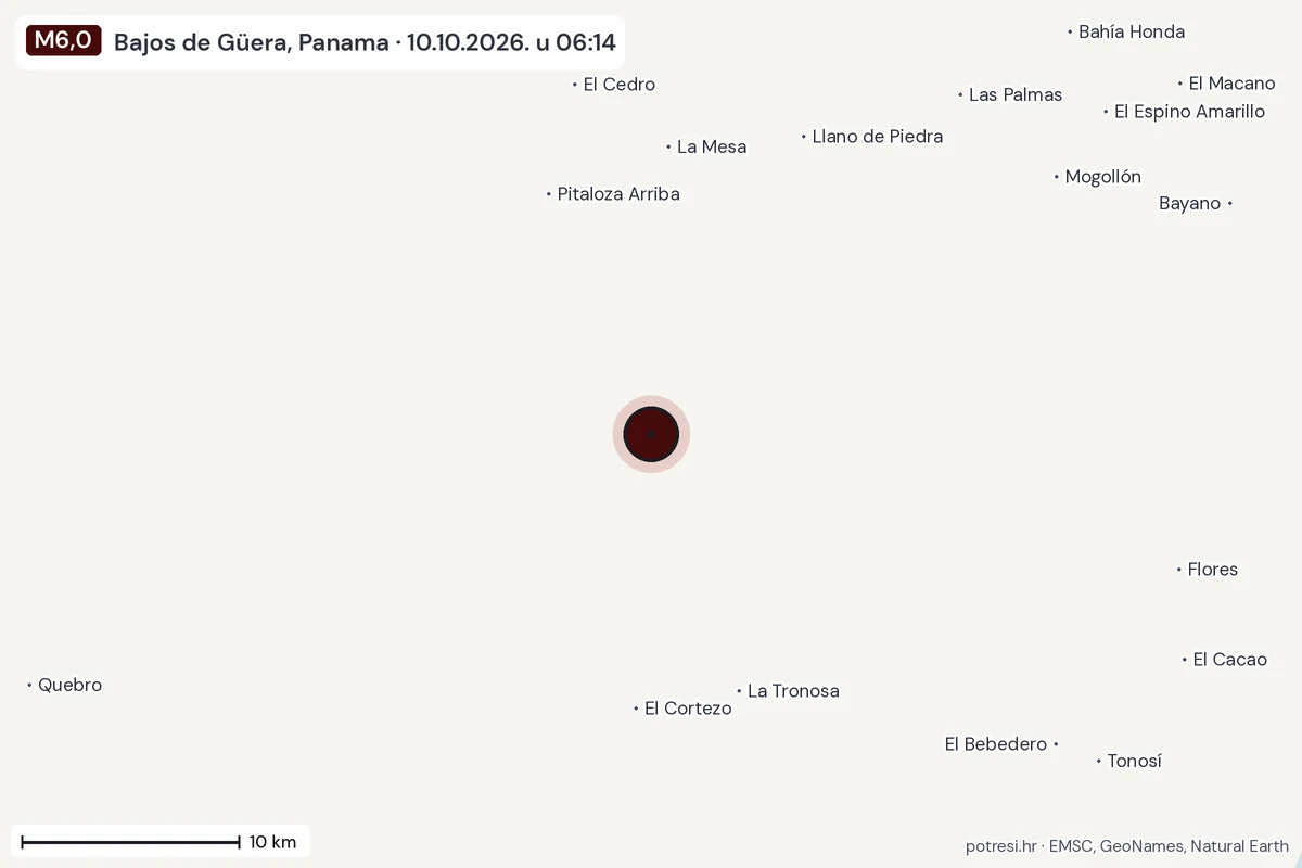 Karta: okolica epicentra, 60 km, potres M6,0, Bajos de Güera, Panama, 10.10.2026.