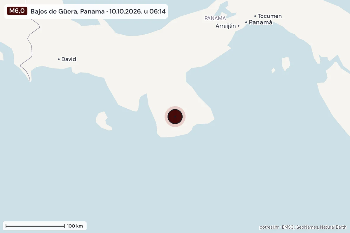 Karta: šire područje, 600 km, potres M6,0, Bajos de Güera, Panama, 10.10.2026.