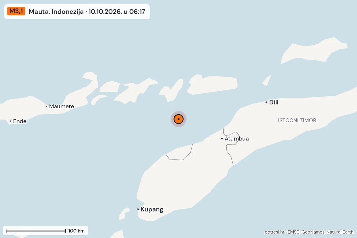 Karta: šire područje, 600 km, potres M3,1, Mauta, Indonezija, 10.10.2026.