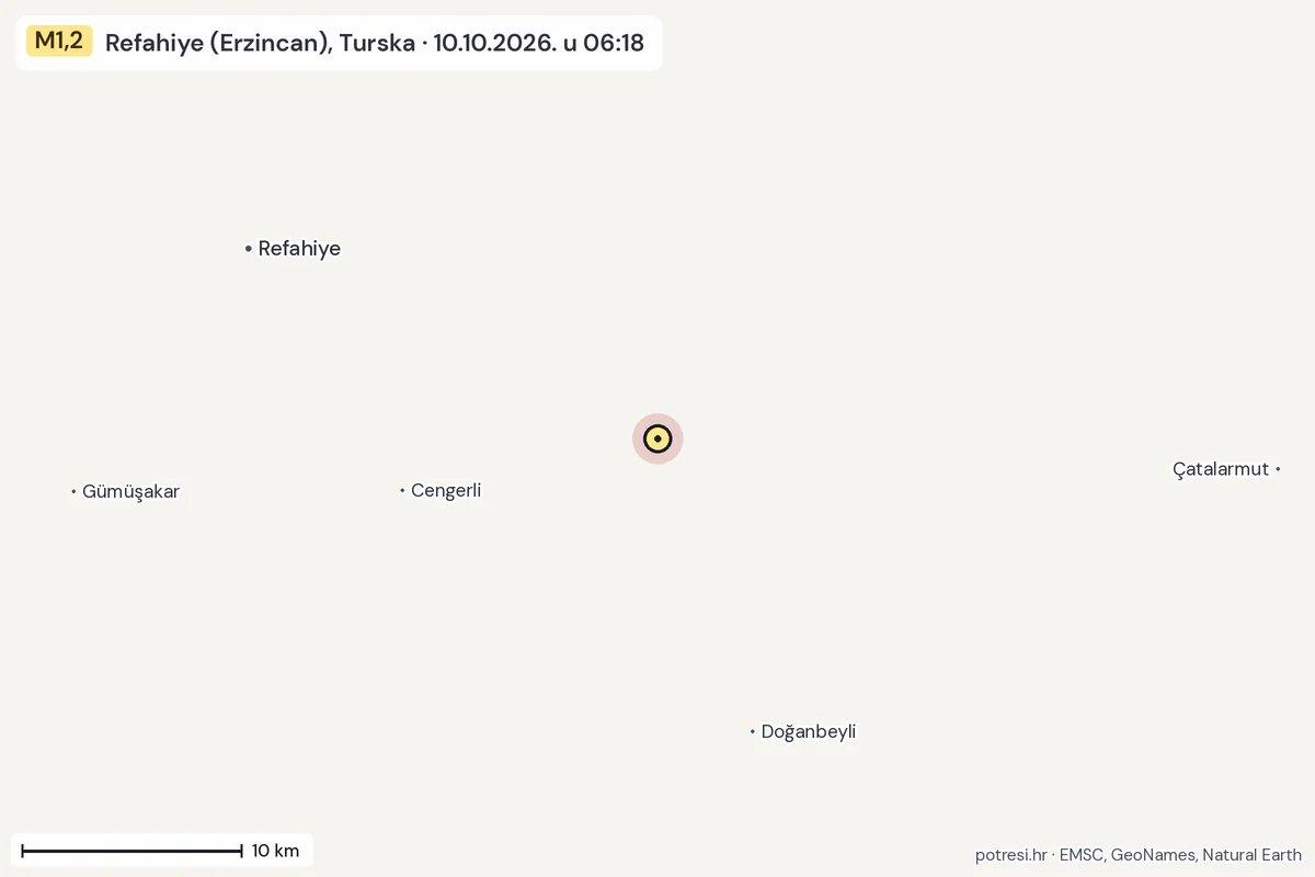Karta: okolica epicentra, 60 km, potres M1,2, Refahiye (Erzincan), Turska, 10.10.2026.