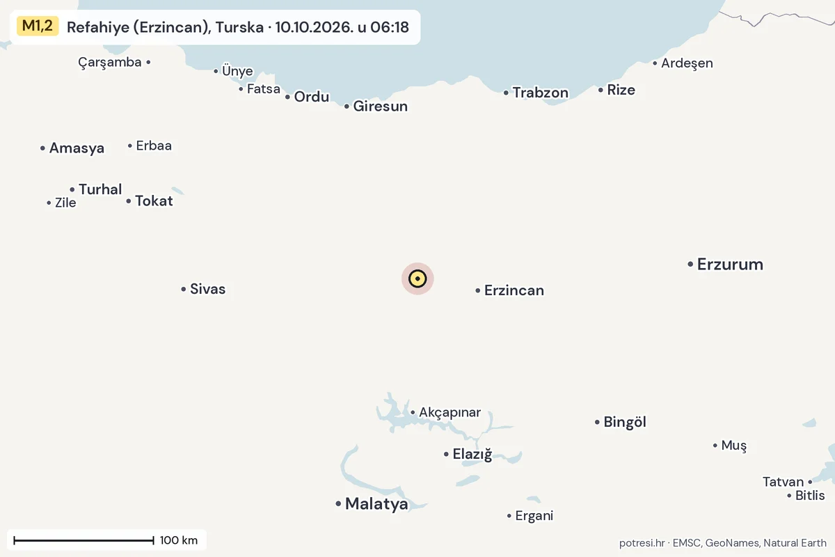 Karta: šire područje, 600 km, potres M1,2, Refahiye (Erzincan), Turska, 10.10.2026.