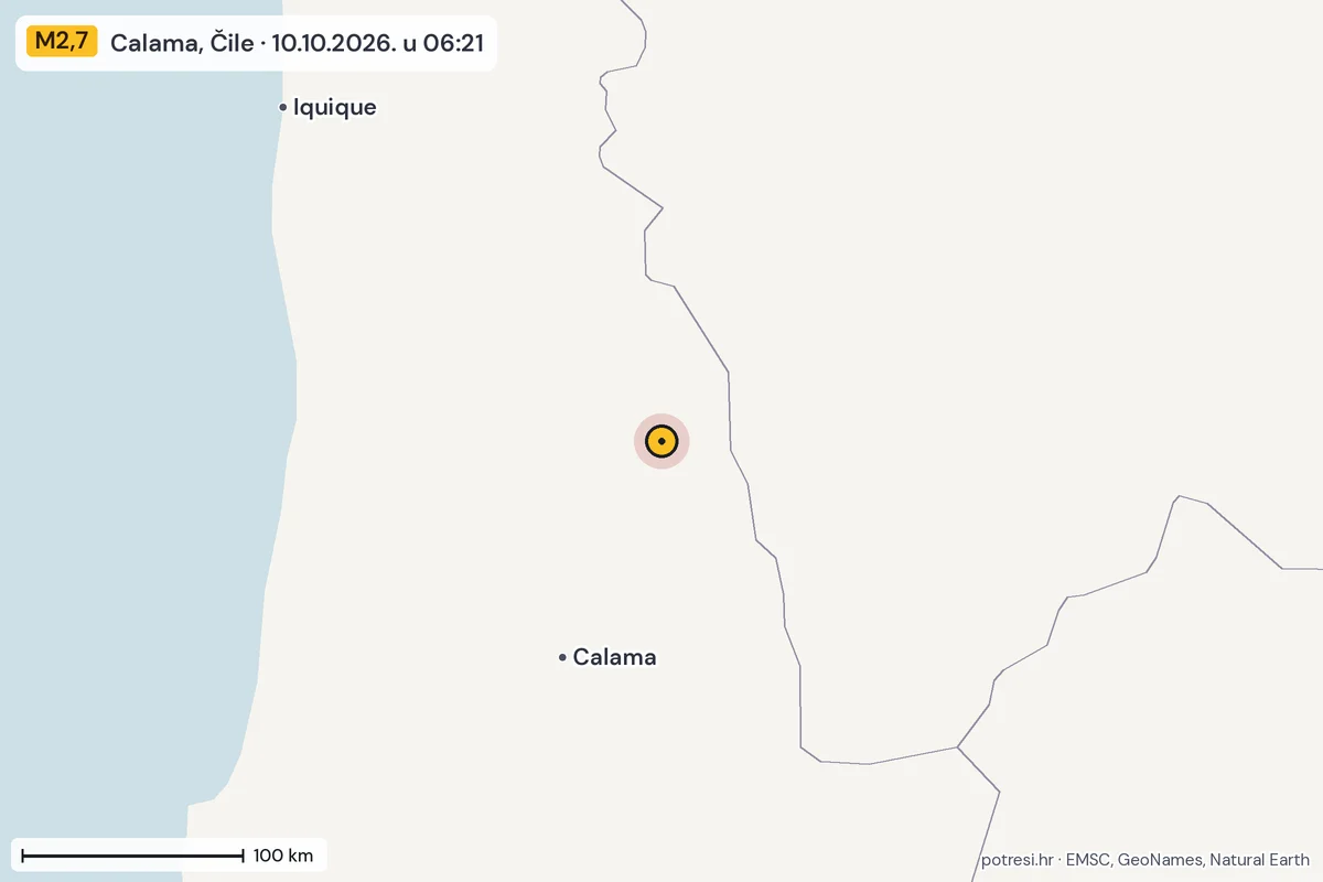 Karta: šire područje, 600 km, potres M2,7, Calama, Čile, 10.10.2026.