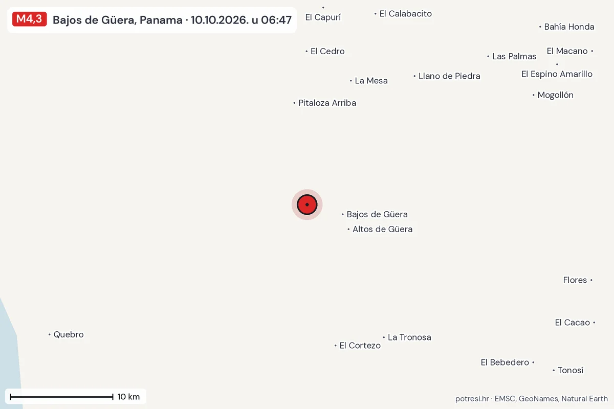 Karta: okolica epicentra, 60 km, potres M4,3, Bajos de Güera, Panama, 10.10.2026.