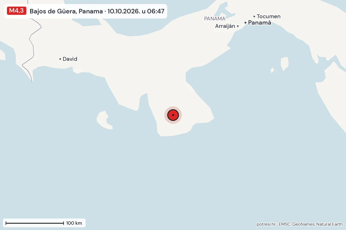 Karta: šire područje, 600 km, potres M4,3, Bajos de Güera, Panama, 10.10.2026.