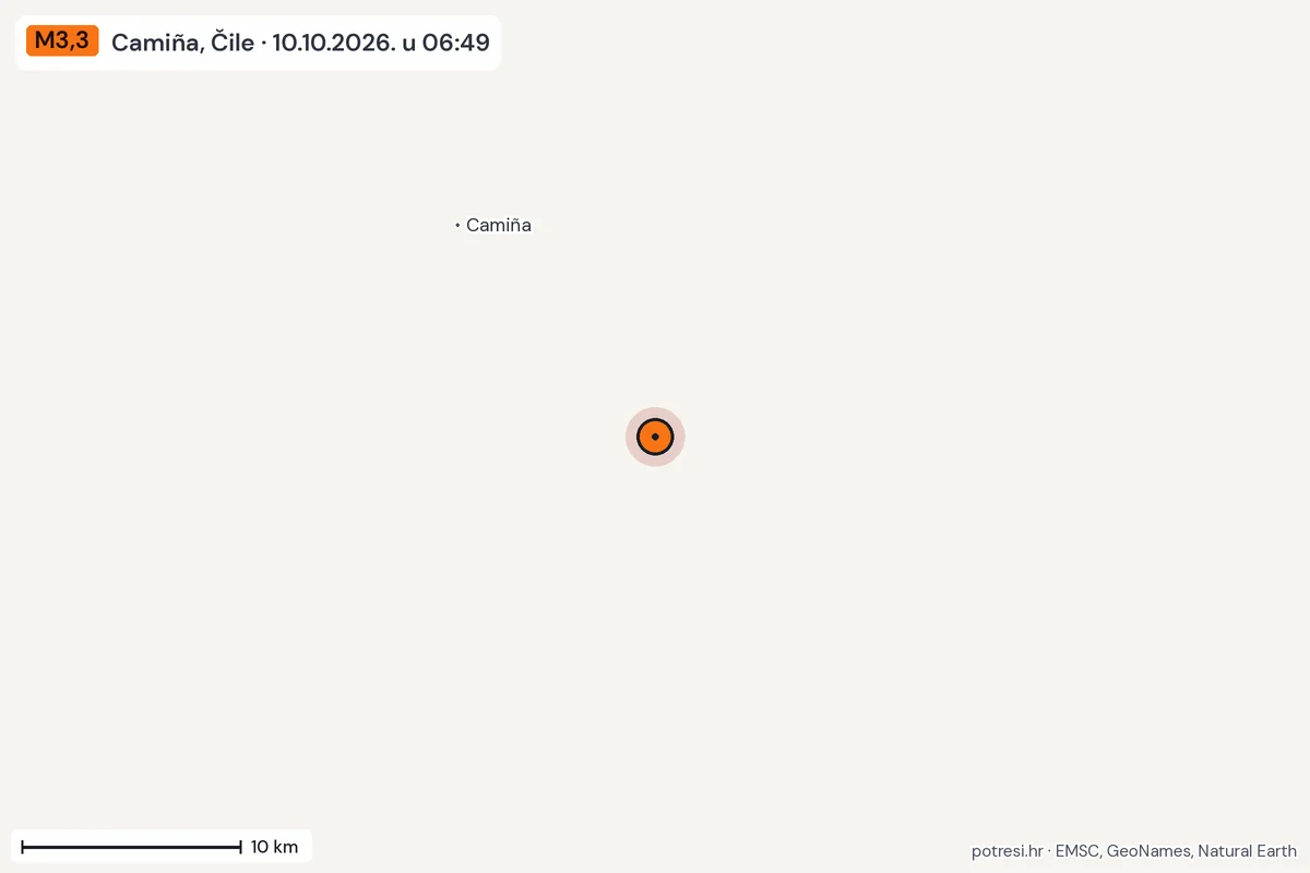 Karta: okolica epicentra, 60 km, potres M3,3, Camiña, Čile, 10.10.2026.