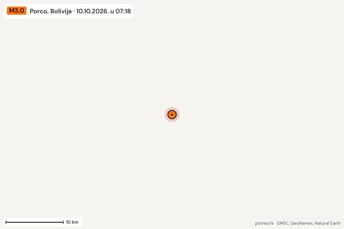 Karta: okolica epicentra, 60 km, potres M3,0, Porco, Bolivija, 10.10.2026.