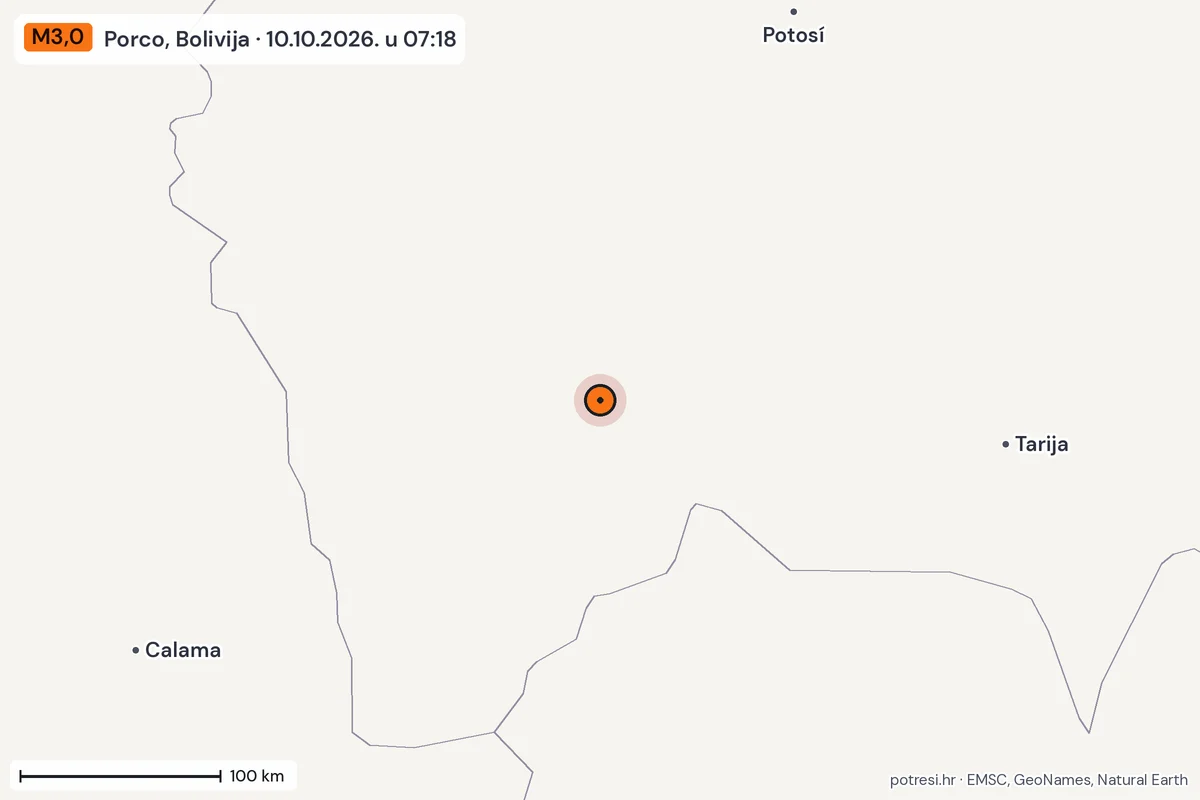 Karta: šire područje, 600 km, potres M3,0, Porco, Bolivija, 10.10.2026.