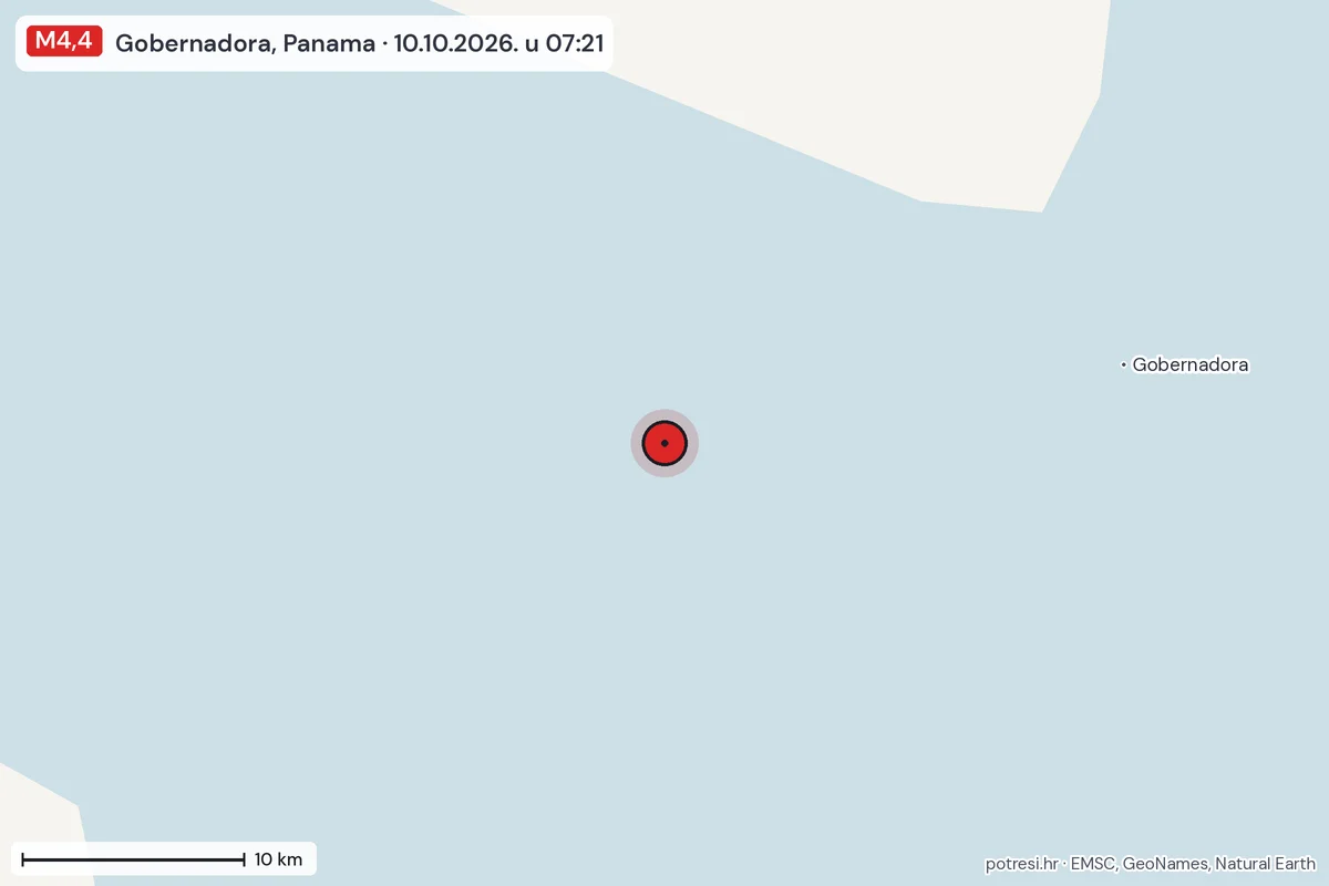 Karta: okolica epicentra, 60 km, potres M4,4, Gobernadora, Panama, 10.10.2026.