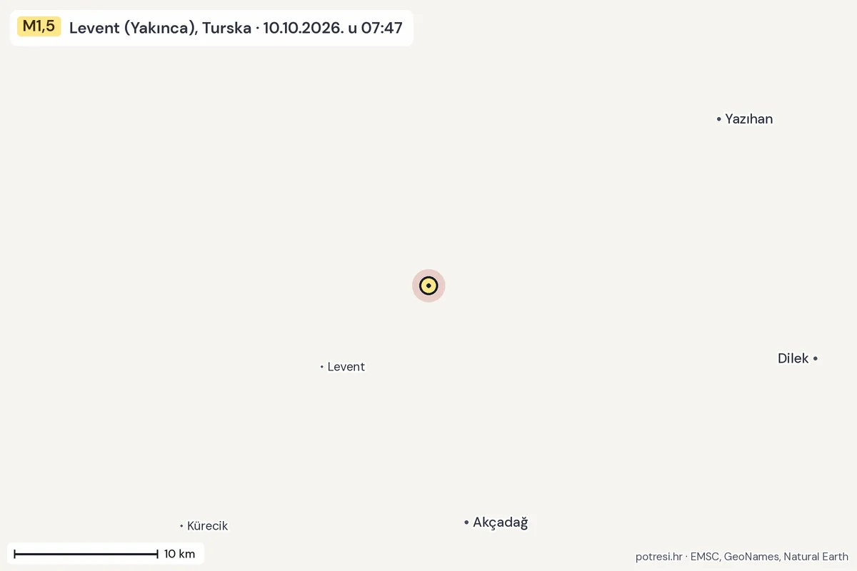 Karta: okolica epicentra, 60 km, potres M1,5, Levent (Yakınca), Turska, 10.10.2026.