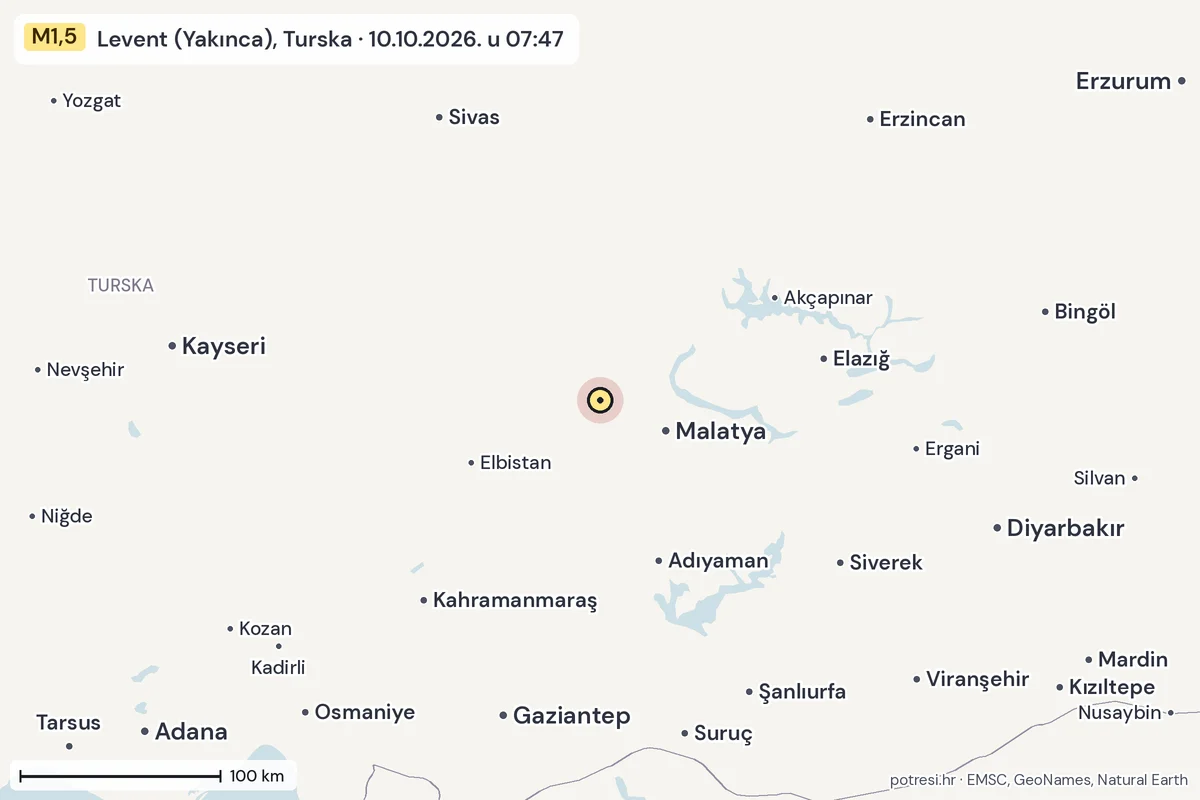 Karta: šire područje, 600 km, potres M1,5, Levent (Yakınca), Turska, 10.10.2026.