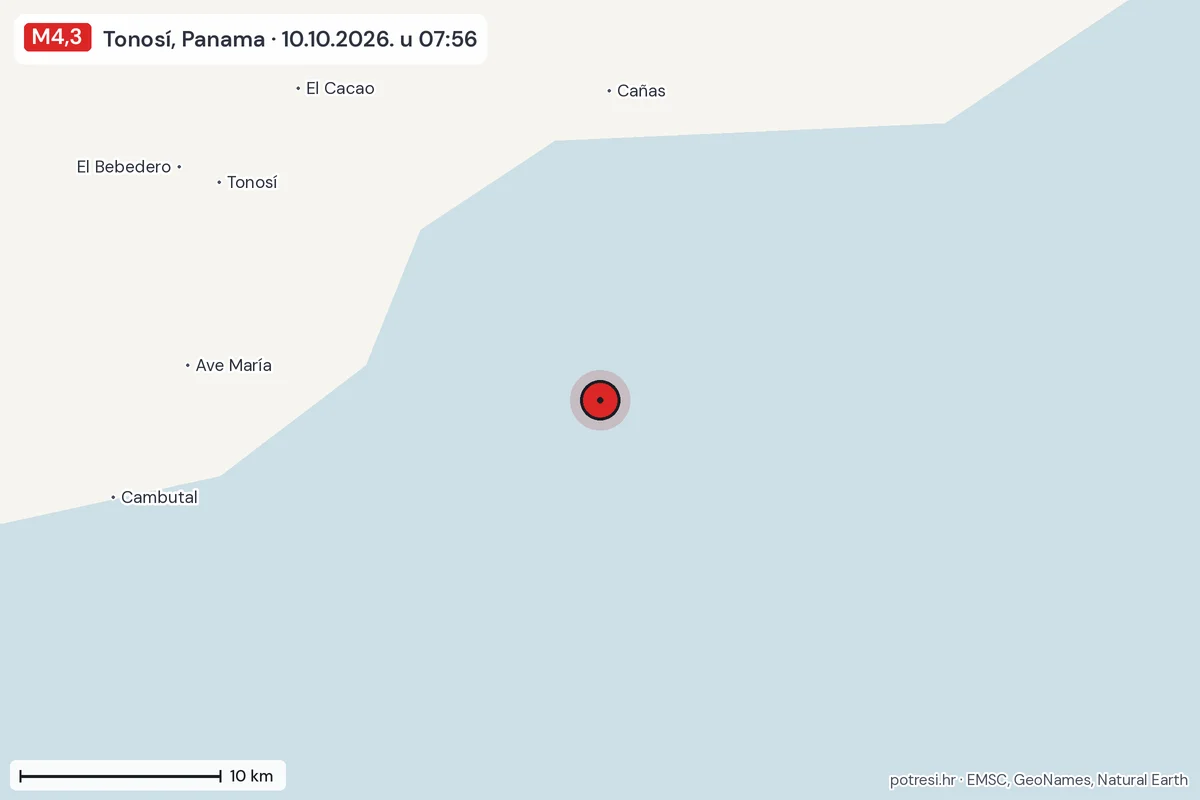 Karta: okolica epicentra, 60 km, potres M4,3, Tonosí, Panama, 10.10.2026.