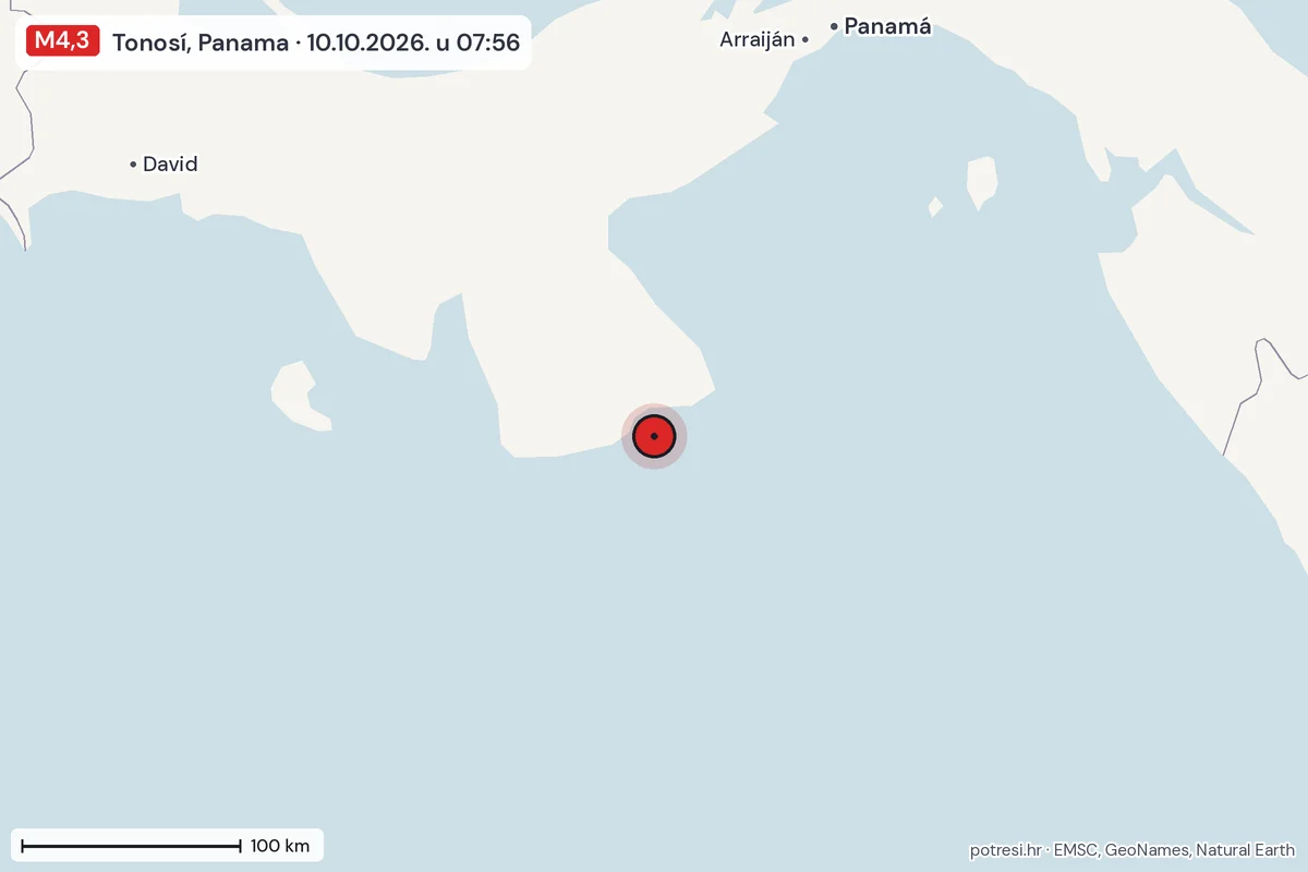 Karta: šire područje, 600 km, potres M4,3, Tonosí, Panama, 10.10.2026.