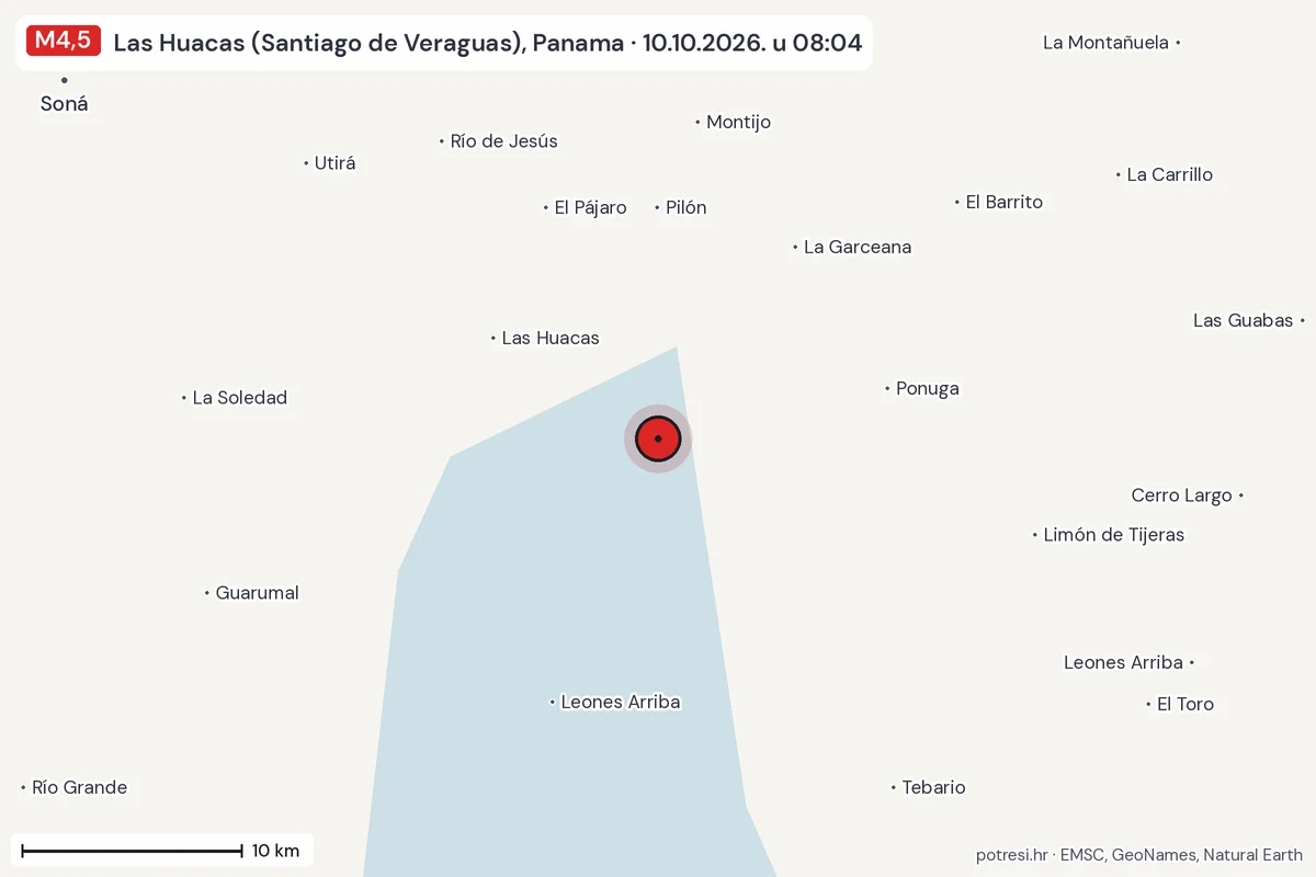 Karta: okolica epicentra, 60 km, potres M4,5, Las Huacas (Santiago de Veraguas), Panama, 10.10.2026.