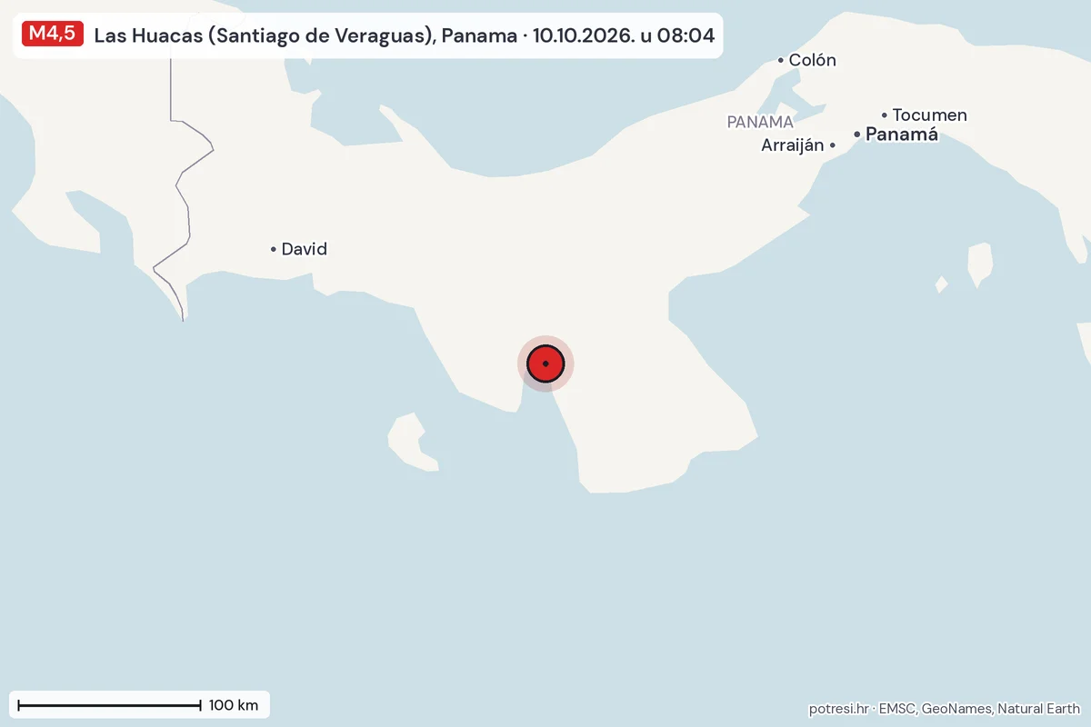 Karta: šire područje, 600 km, potres M4,5, Las Huacas (Santiago de Veraguas), Panama, 10.10.2026.