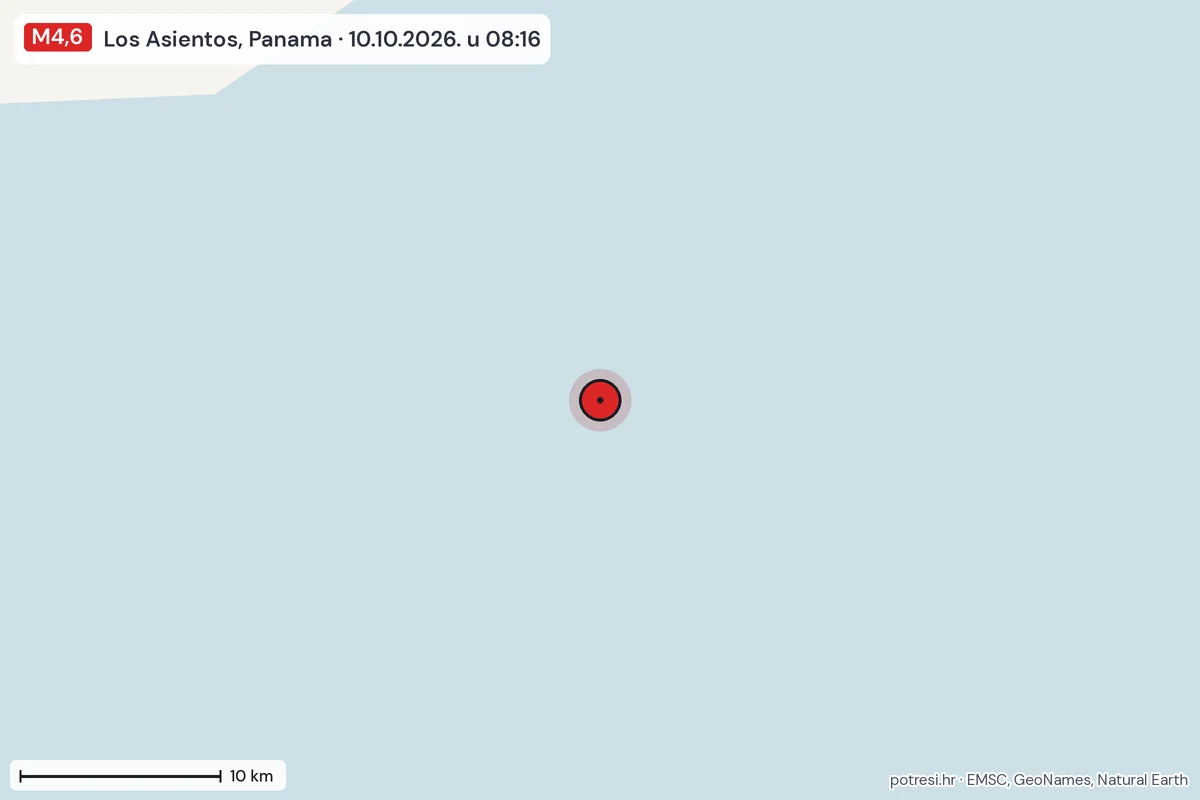 Karta: okolica epicentra, 60 km, potres M4,6, Los Asientos, Panama, 10.10.2026.