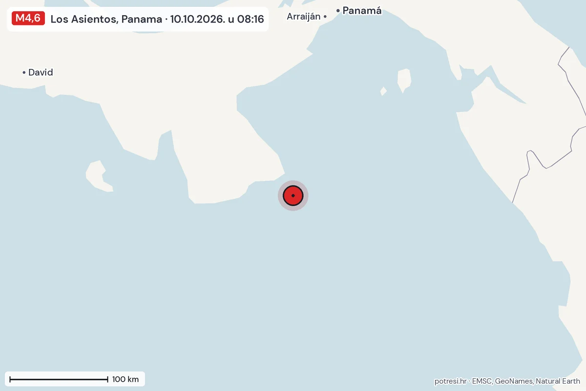 Karta: šire područje, 600 km, potres M4,6, Los Asientos, Panama, 10.10.2026.