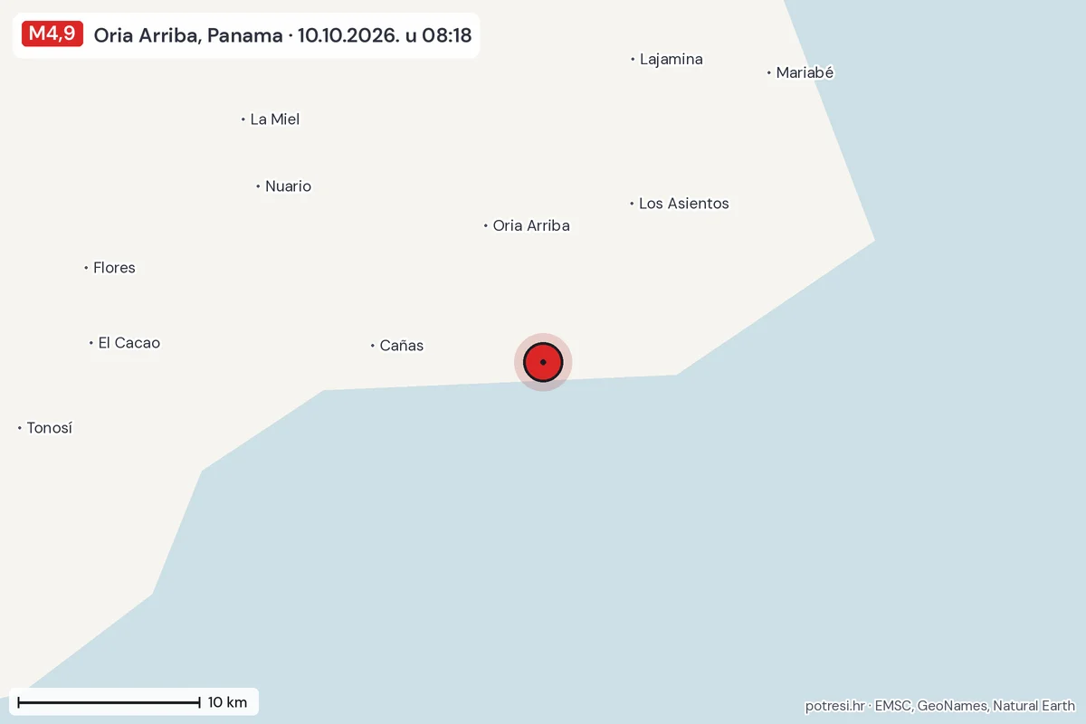 Karta: okolica epicentra, 60 km, potres M4,9, Oria Arriba, Panama, 10.10.2026.