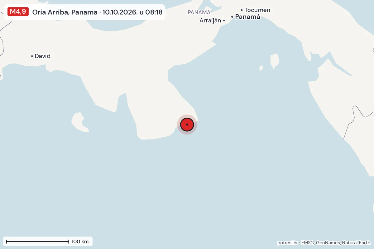 Karta: šire područje, 600 km, potres M4,9, Oria Arriba, Panama, 10.10.2026.
