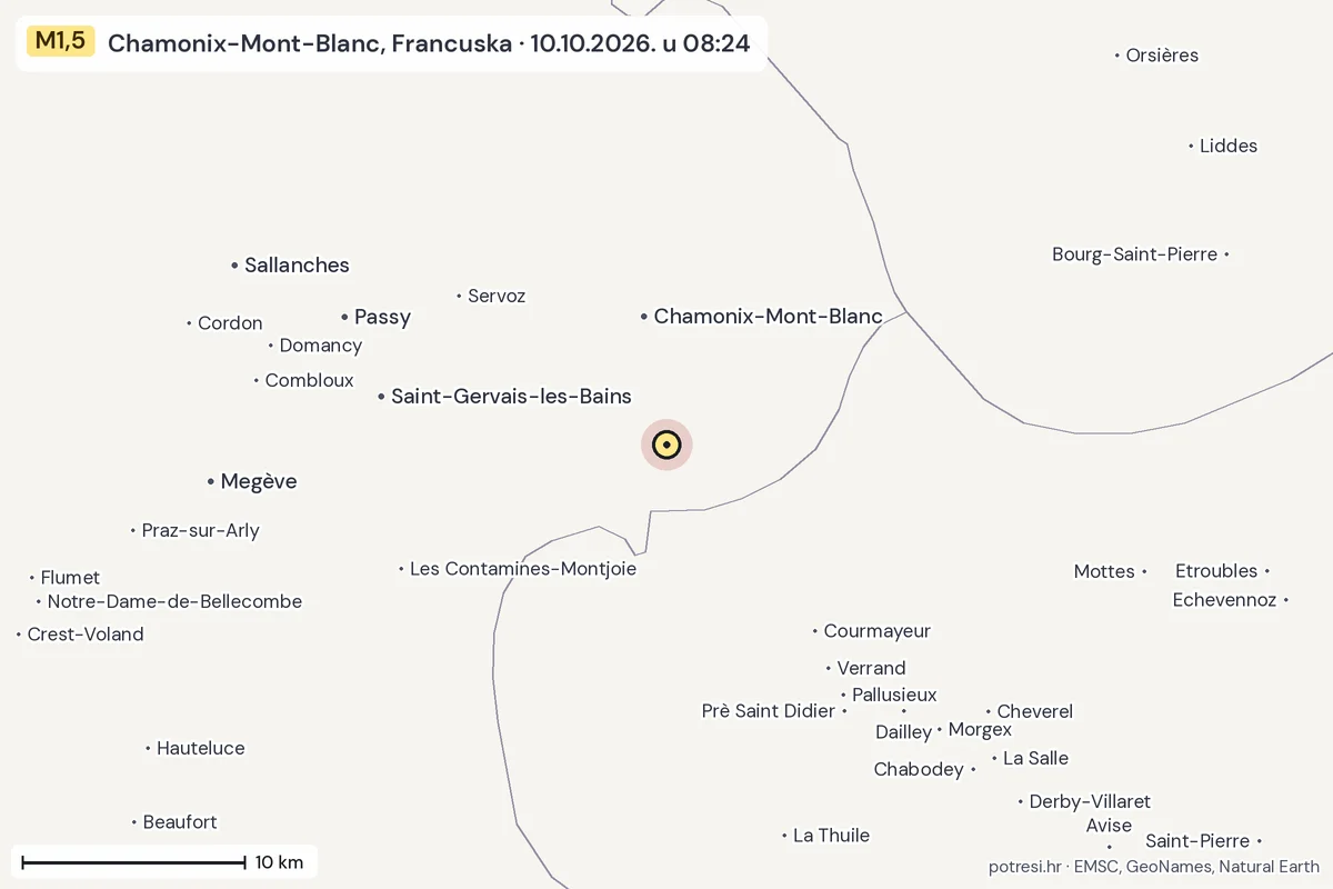 Karta: okolica epicentra, 60 km, potres M1,5, Chamonix-Mont-Blanc, Francuska, 10.10.2026.