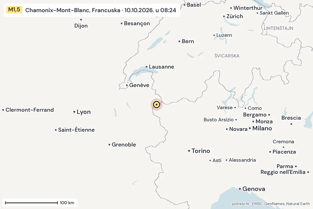 Karta: šire područje, 600 km, potres M1,5, Chamonix-Mont-Blanc, Francuska, 10.10.2026.