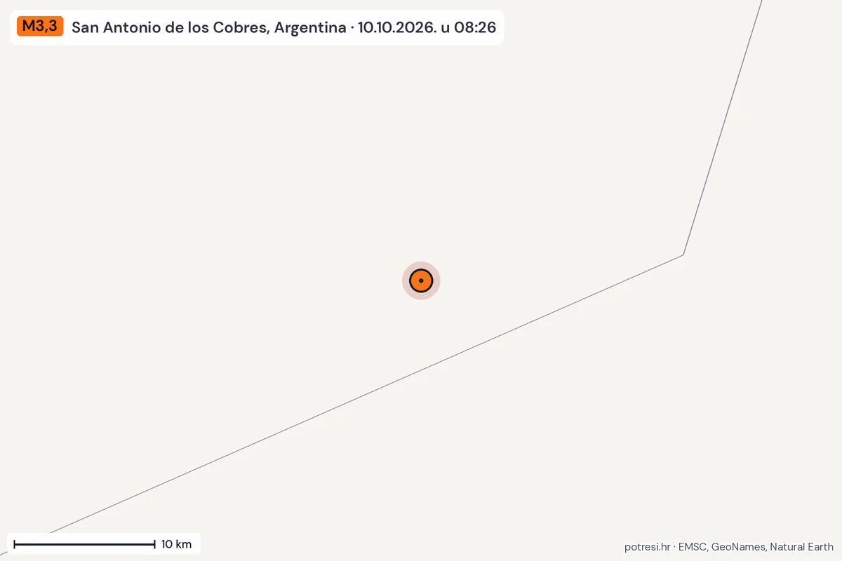 Karta: okolica epicentra, 60 km, potres M3,3, San Antonio de los Cobres, Argentina, 10.10.2026.