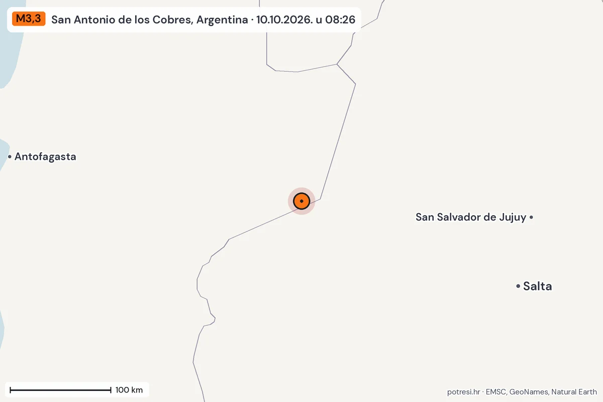 Karta: šire područje, 600 km, potres M3,3, San Antonio de los Cobres, Argentina, 10.10.2026.