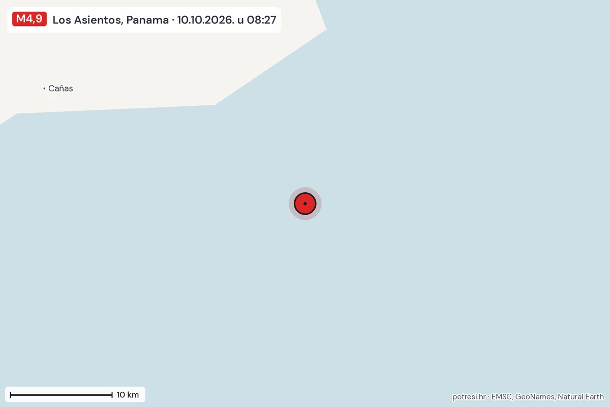 Karta: okolica epicentra, 60 km, potres M4,9, Los Asientos, Panama, 10.10.2026.