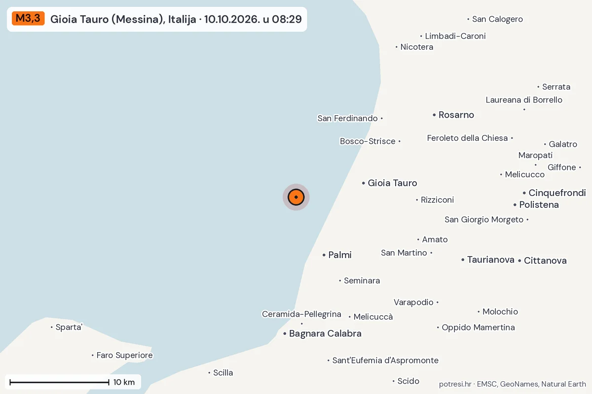 Karta: okolica epicentra, 60 km, potres M3,3, Gioia Tauro (Messina), Italija, 10.10.2026.