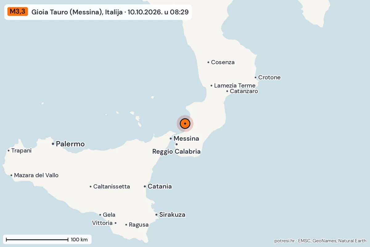 Karta: šire područje, 600 km, potres M3,3, Gioia Tauro (Messina), Italija, 10.10.2026.
