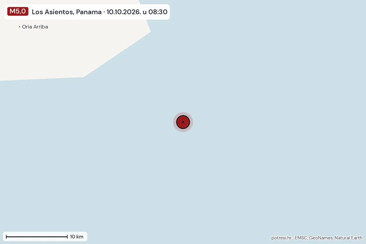 Karta: okolica epicentra, 60 km, potres M5,0, Los Asientos, Panama, 10.10.2026.