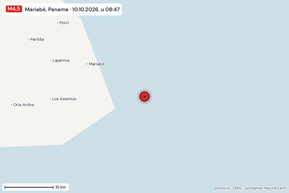 Karta: okolica epicentra, 60 km, potres M4,5, Mariabé, Panama, 10.10.2026.