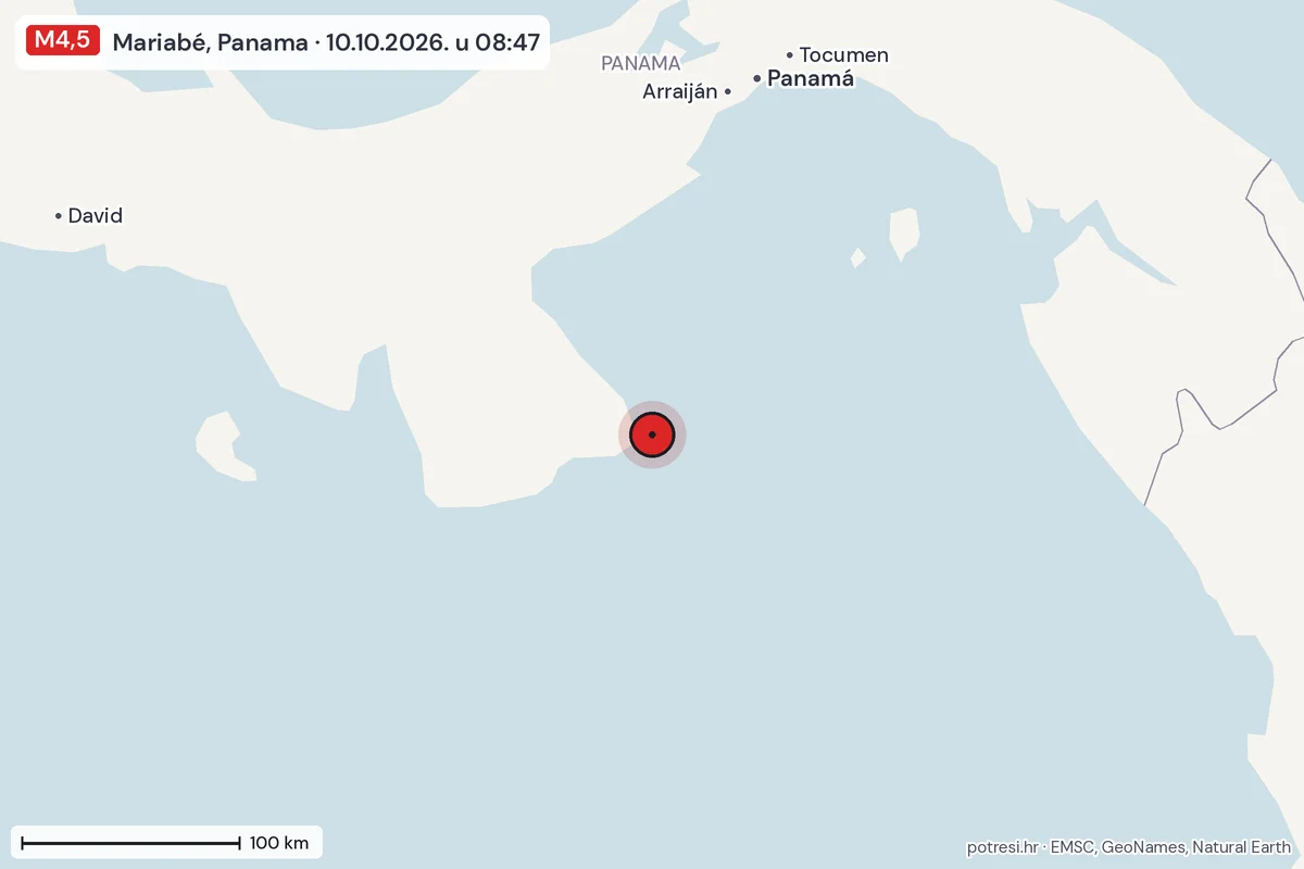 Karta: šire područje, 600 km, potres M4,5, Mariabé, Panama, 10.10.2026.
