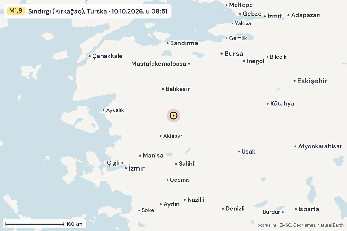 Karta: šire područje, 600 km, potres M1,9, Sındırgı (Kırkağaç), Turska, 10.10.2026.