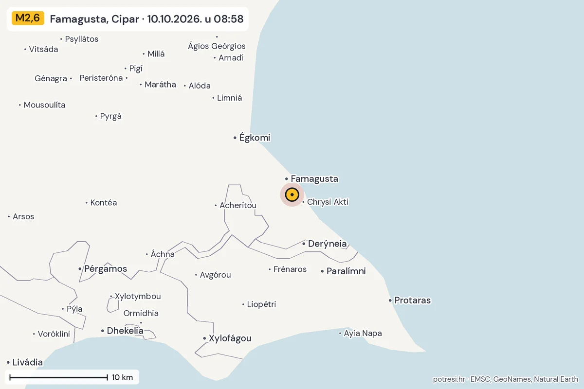 Karta: okolica epicentra, 60 km, potres M2,6, Famagusta, Cipar, 10.10.2026.