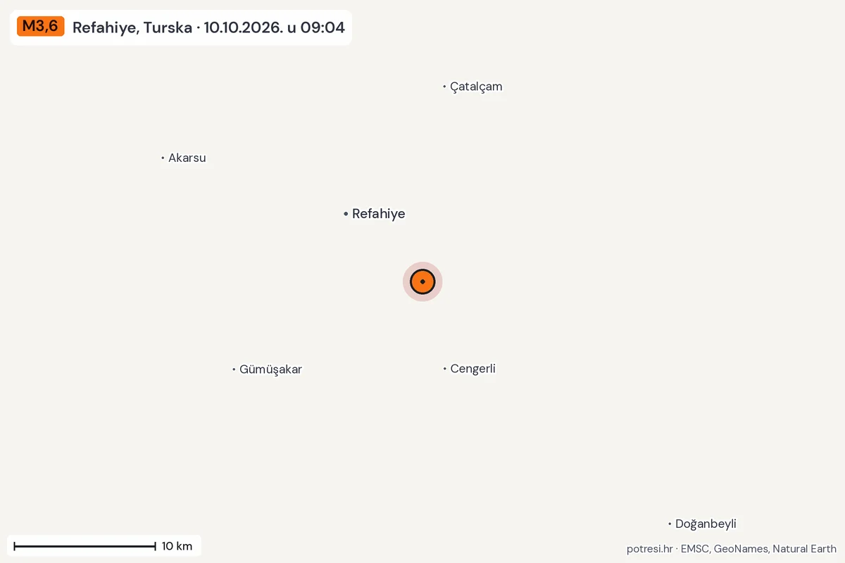 Karta: okolica epicentra, 60 km, potres M3,6, Refahiye, Turska, 10.10.2026.