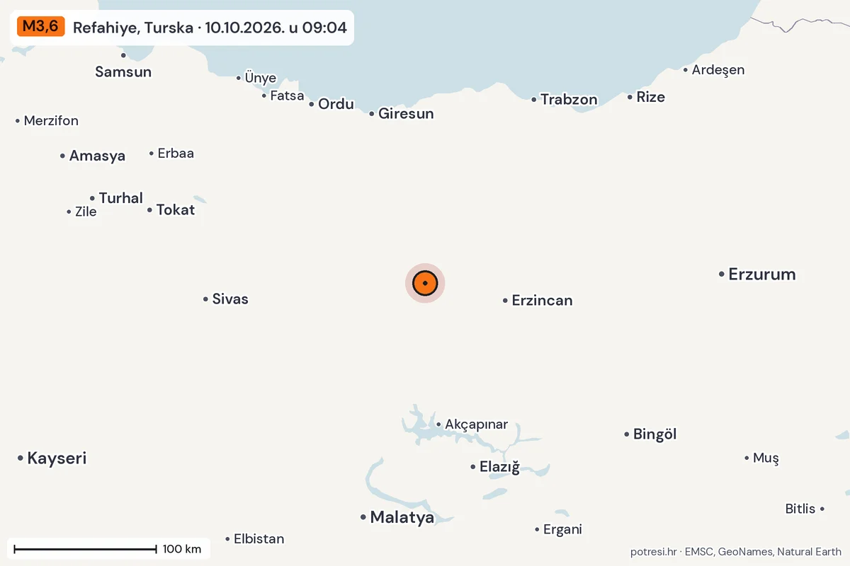 Karta: šire područje, 600 km, potres M3,6, Refahiye, Turska, 10.10.2026.