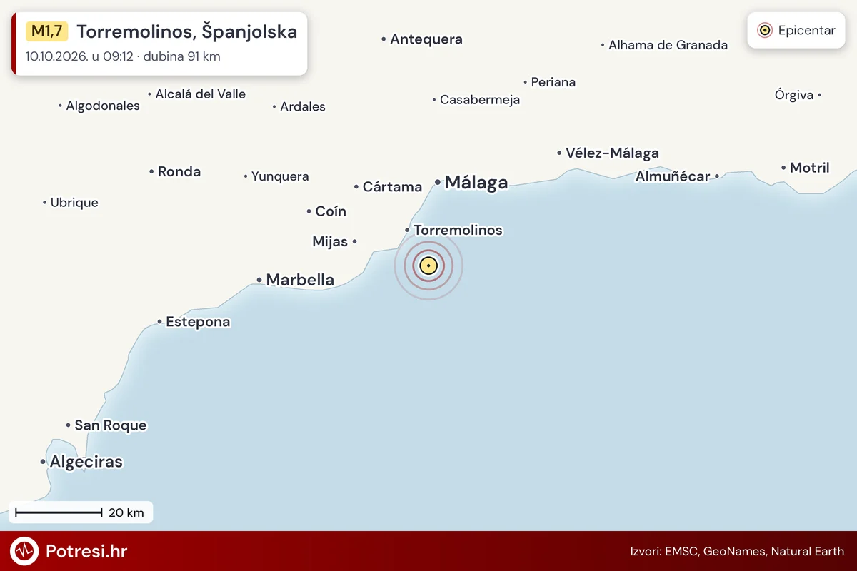 Karta: šire područje i vjerojatni doseg osjeta, potres M1,7, Torremolinos, Španjolska, 10.10.2026.