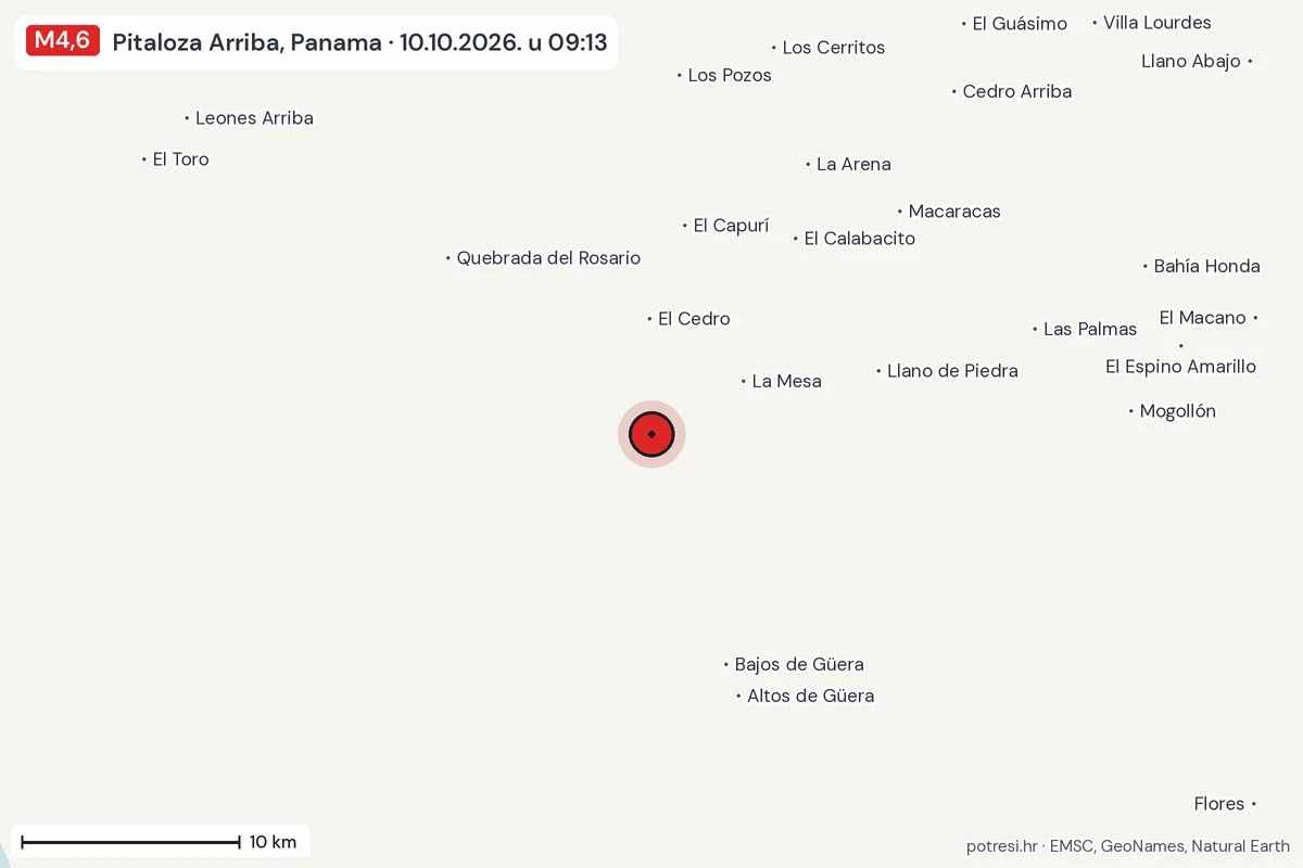 Karta: okolica epicentra, 60 km, potres M4,6, Pitaloza Arriba, Panama, 10.10.2026.