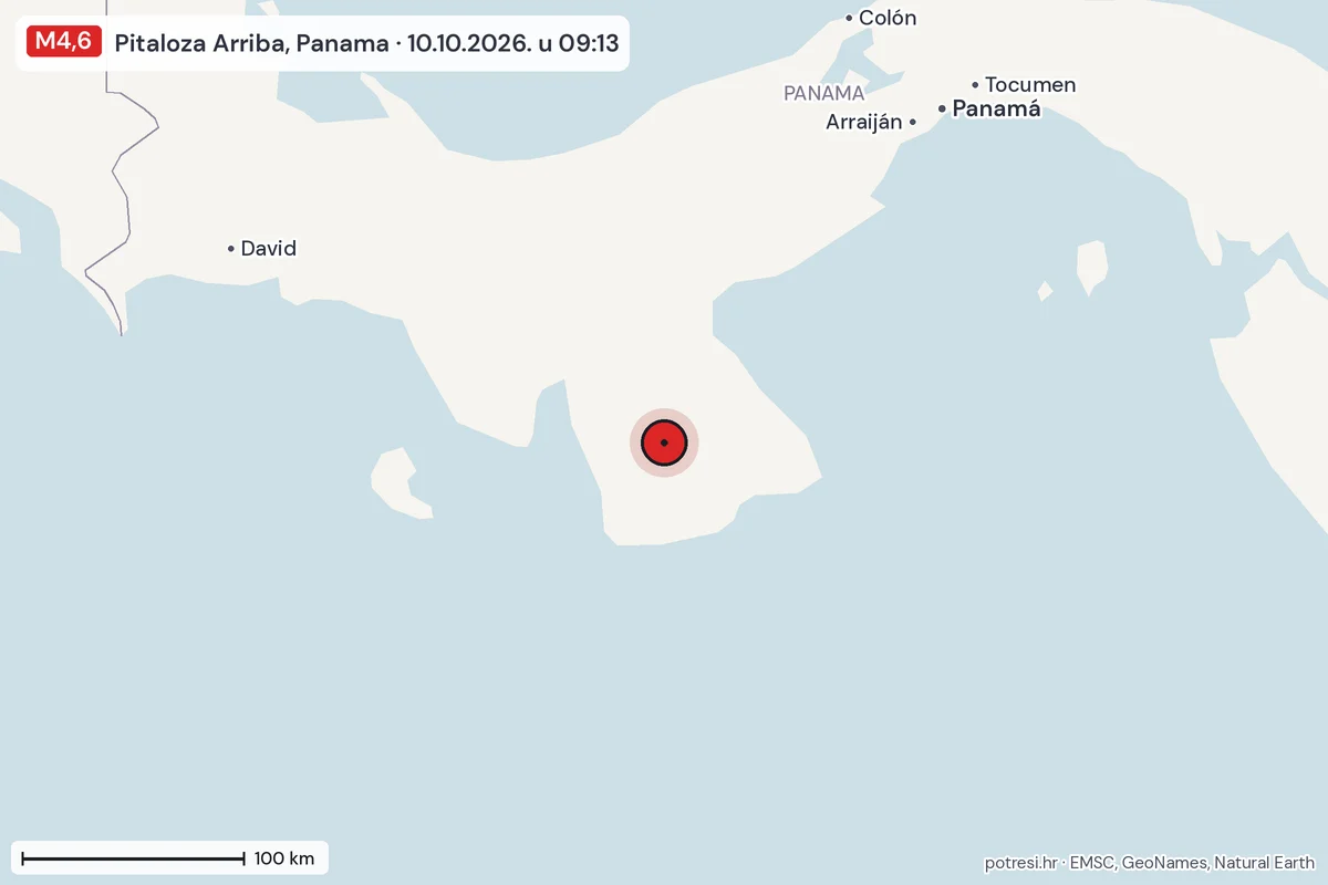 Karta: šire područje, 600 km, potres M4,6, Pitaloza Arriba, Panama, 10.10.2026.