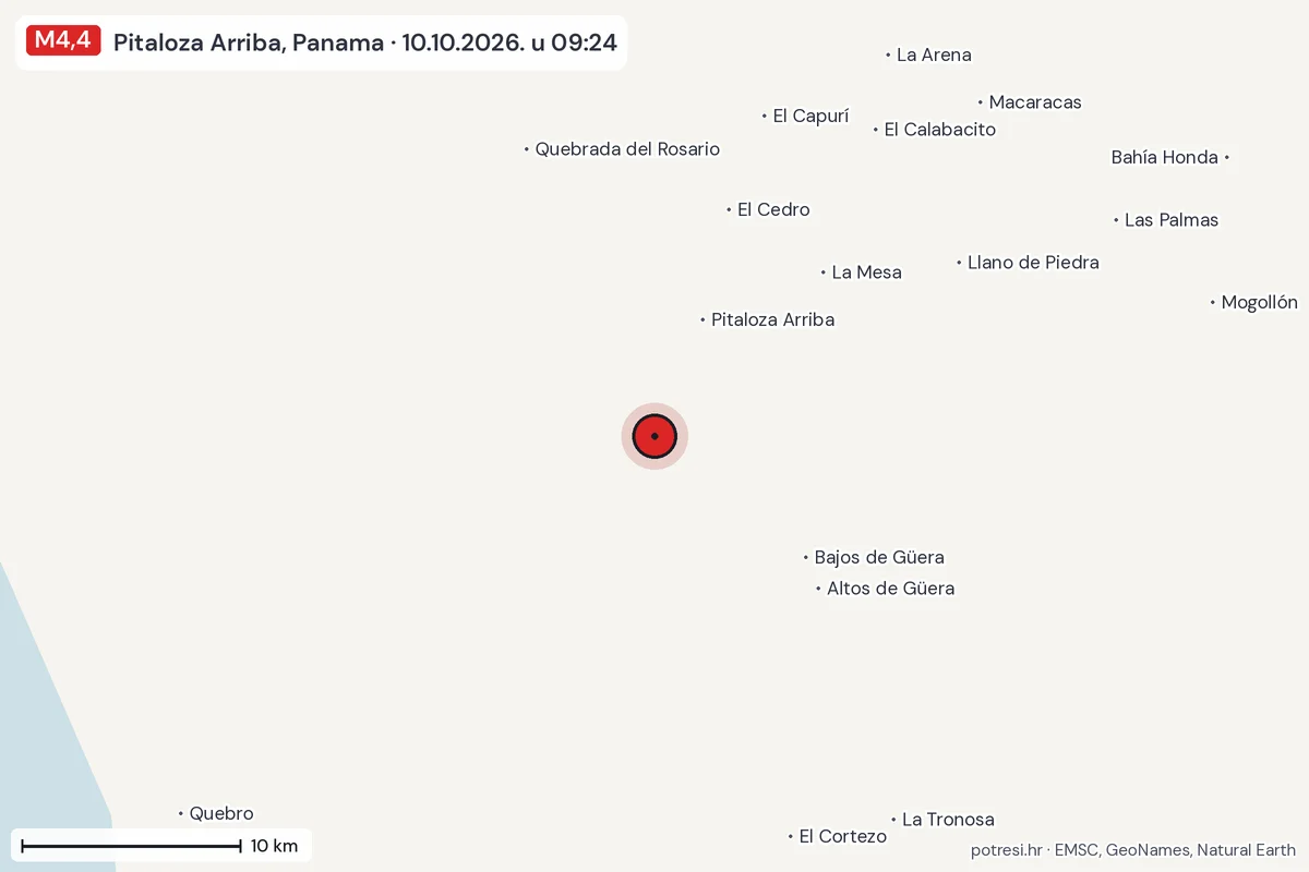 Karta: okolica epicentra, 60 km, potres M4,4, Pitaloza Arriba, Panama, 10.10.2026.