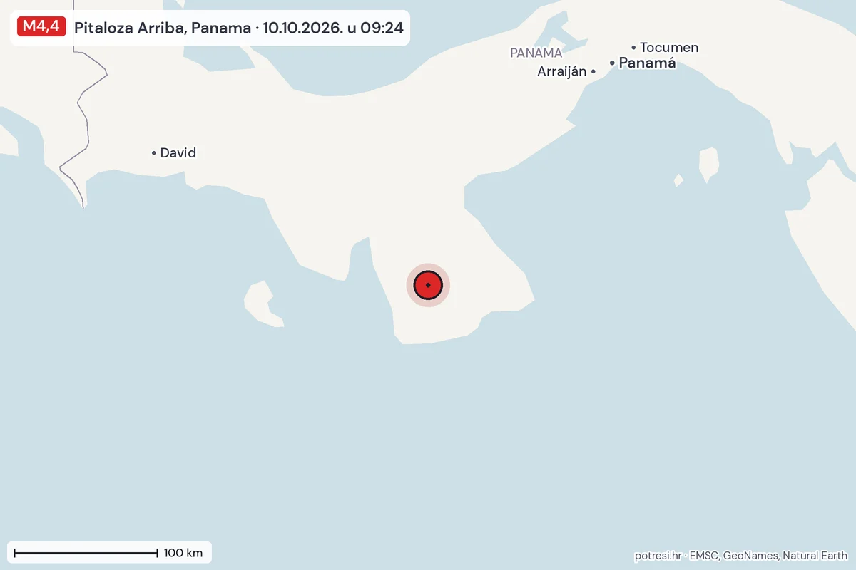 Karta: šire područje, 600 km, potres M4,4, Pitaloza Arriba, Panama, 10.10.2026.