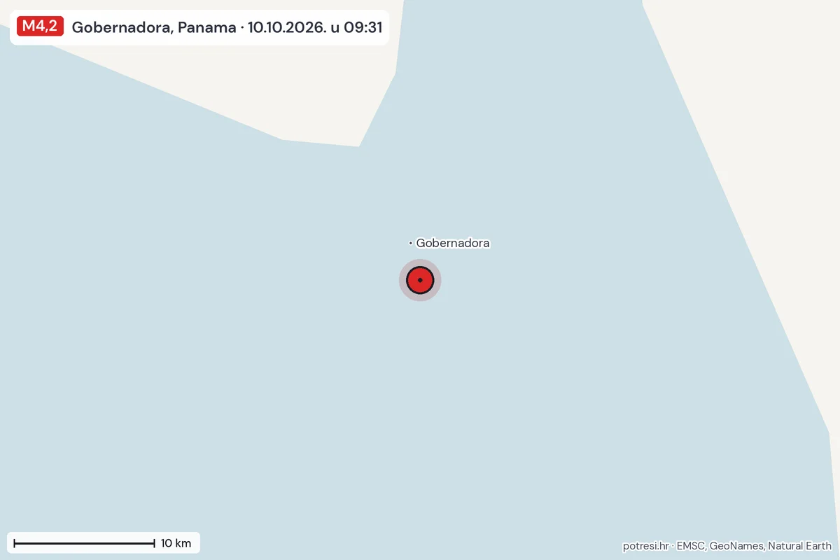 Karta: okolica epicentra, 60 km, potres M4,2, Gobernadora, Panama, 10.10.2026.