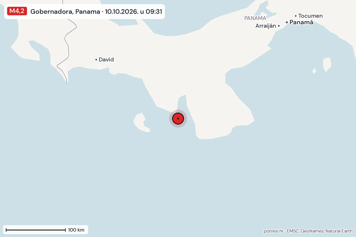 Karta: šire područje, 600 km, potres M4,2, Gobernadora, Panama, 10.10.2026.