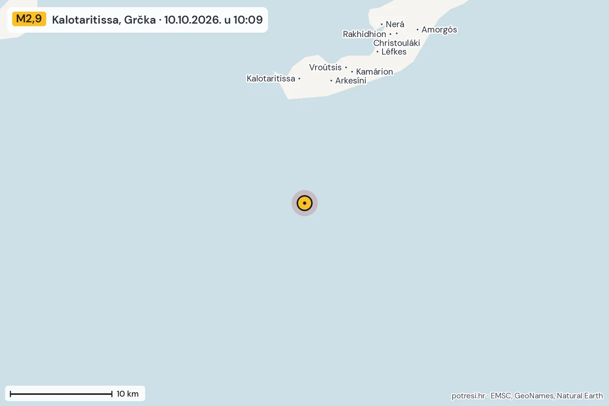 Karta: okolica epicentra, 60 km, potres M2,9, Kalotaritissa, Grčka, 10.10.2026.
