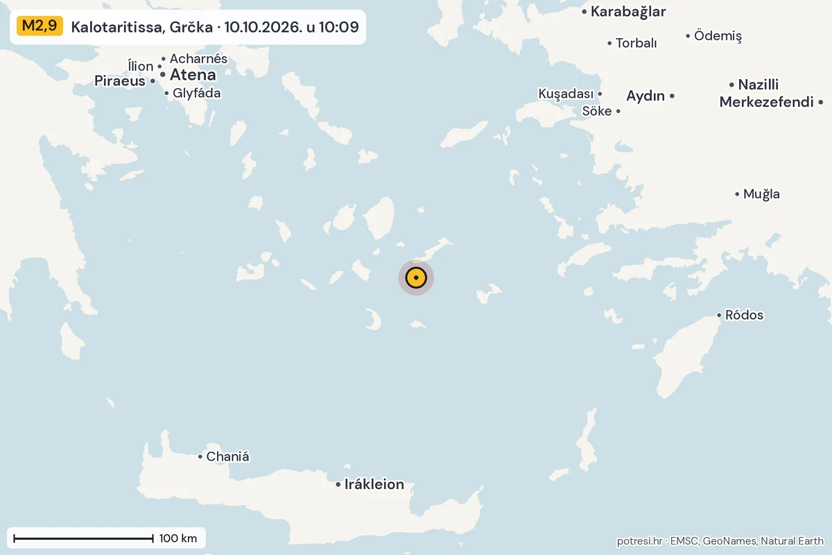 Karta: šire područje, 600 km, potres M2,9, Kalotaritissa, Grčka, 10.10.2026.