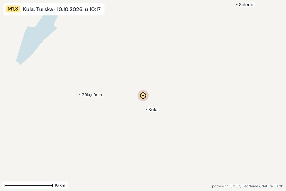 Karta: okolica epicentra, 60 km, potres M1,3, Kula, Turska, 10.10.2026.